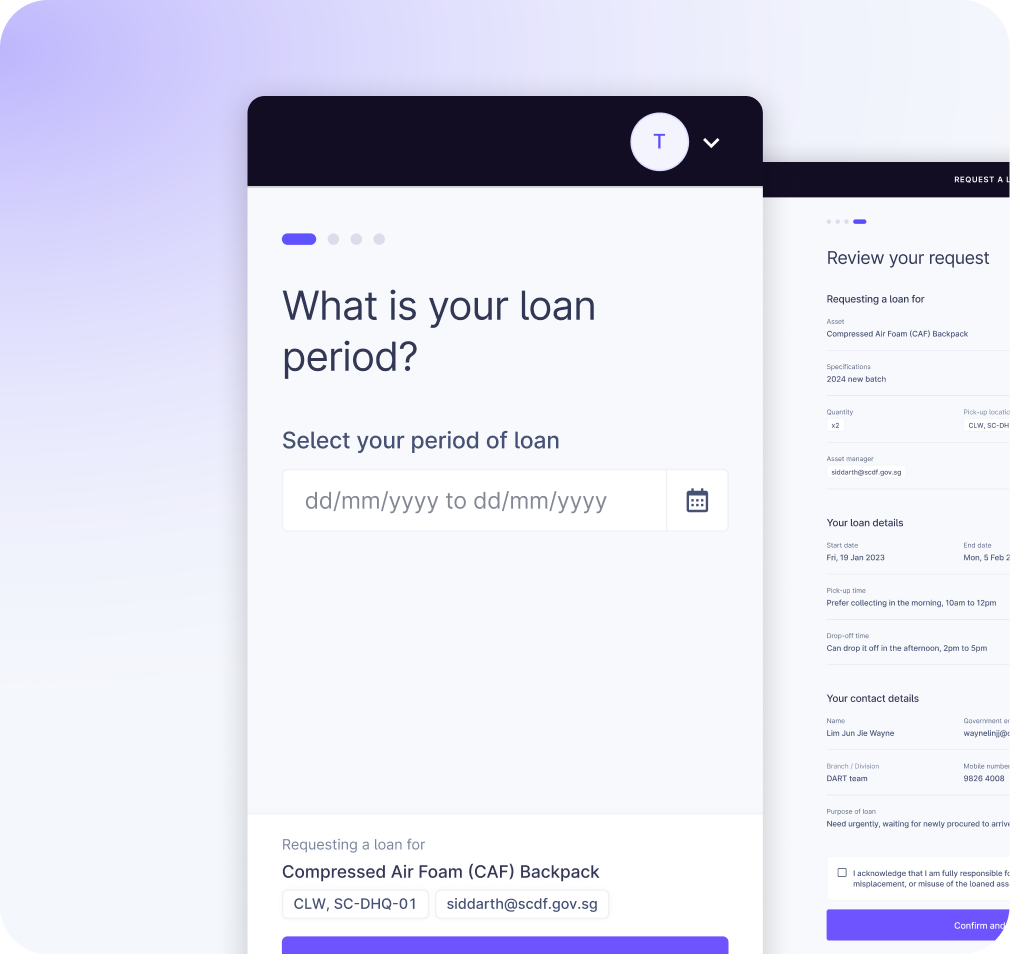 What is your loan period? date range picker, next to a Review your request summary screen with loan details and contact information